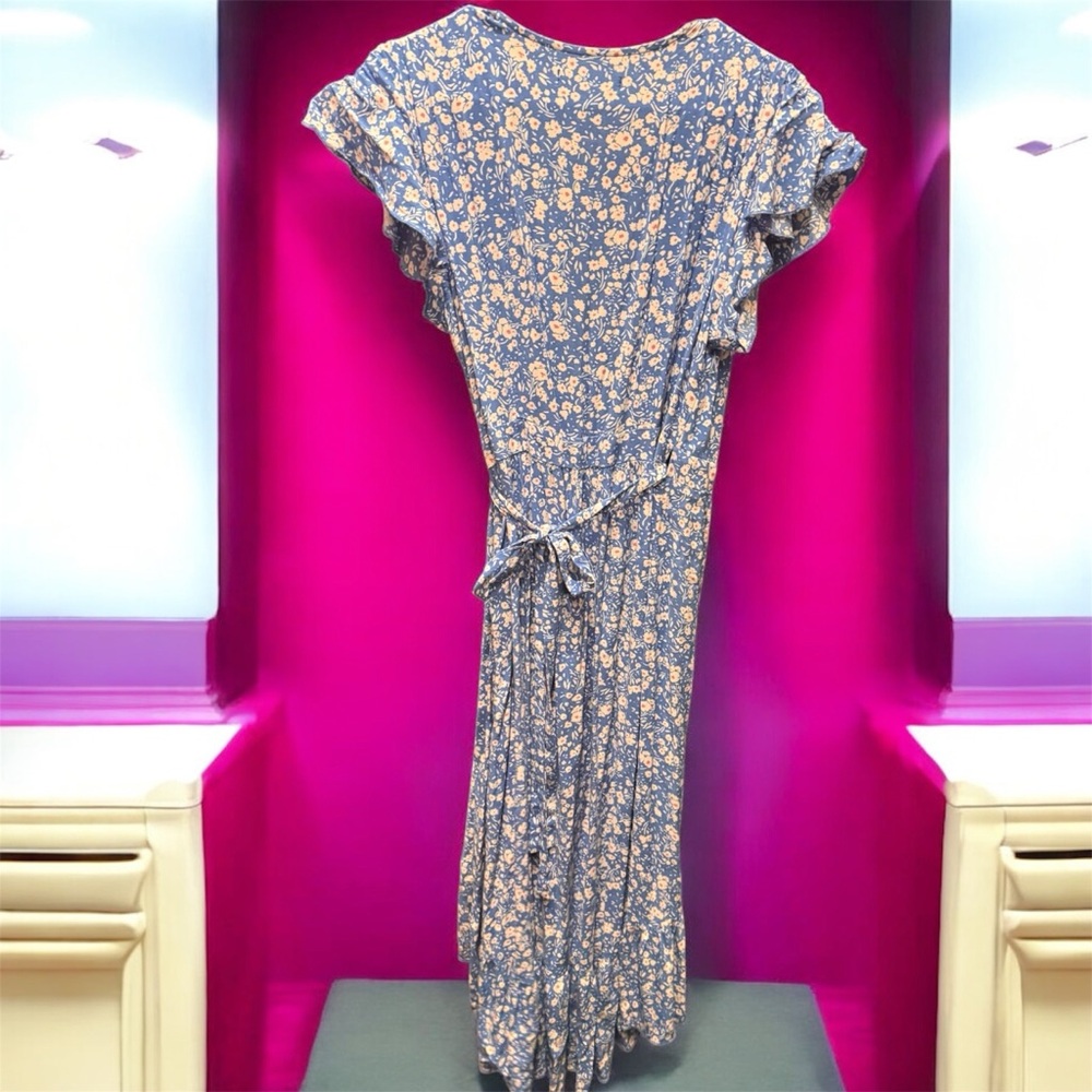 Zesica Blue Floral wrap Dress LARGE pit to pit 17in length 45in - Picture 3 of 6